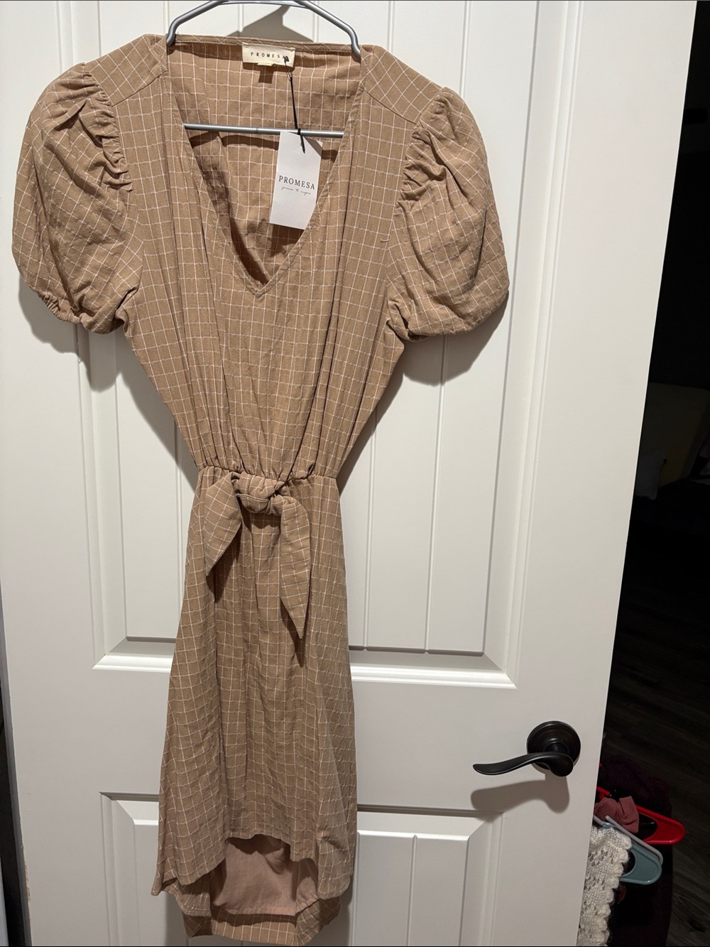 Promesa Tan Checked V-Neck Puff Sleeve High-Low Dress